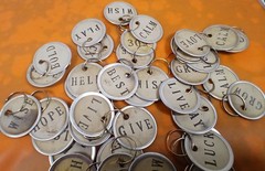 (10) METAL RIM TAGS 1.25″ COFFEE DYED & STAMPED FOR SCRAPBOOK/JUNK /ART JOURNAL