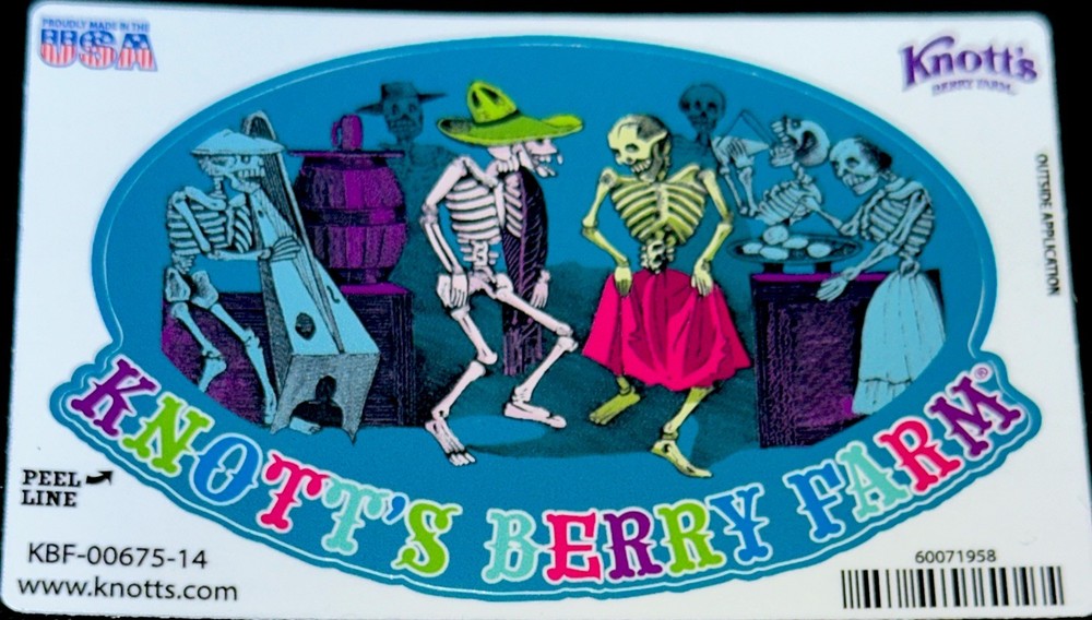 KNOTT’S BERRY FARM SKULLS STICKER✨🩷💀💚☠️💜✨4” x 2 3/4”✨PARTY TIME🎵DANCING💫