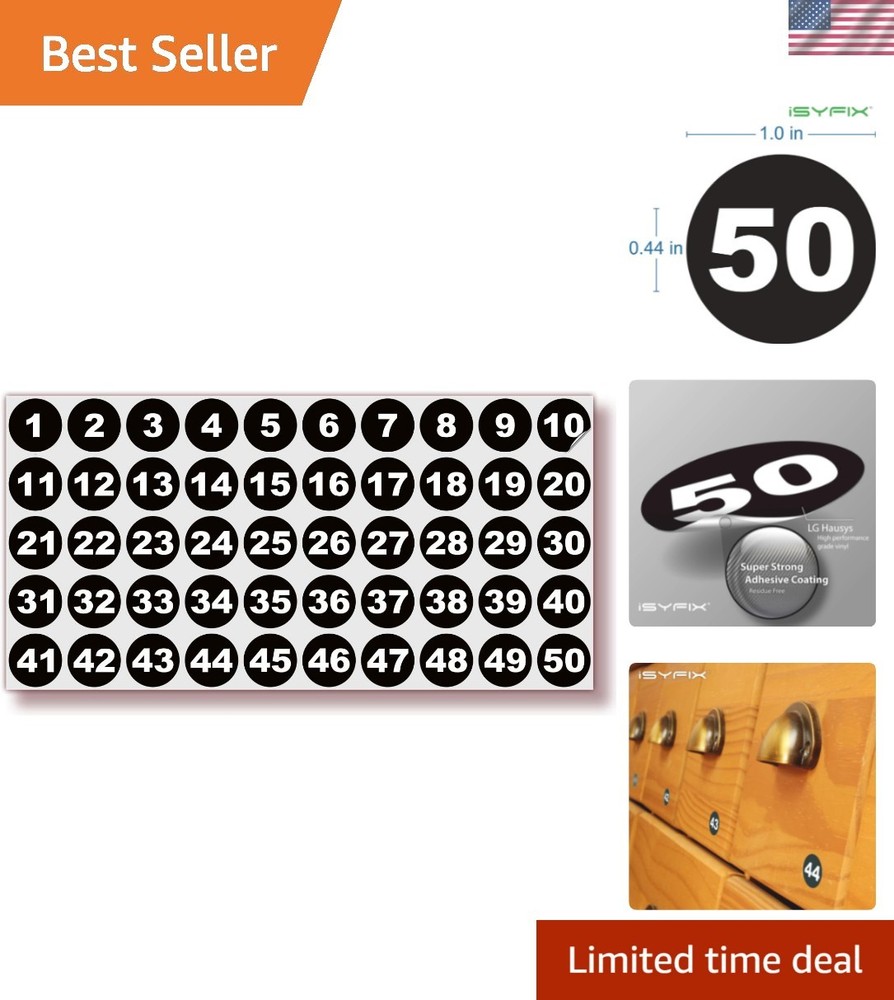 Black Number Stickers 1-50 Set – 1-Inch Vinyl, Waterproof for Organizing