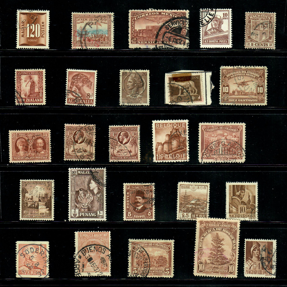 25 Brown Sepia Chocolate Worldwide Used Stamps Color Lot — Crafts Art (WM260)
