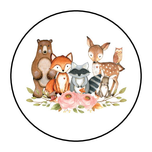 30 1.5″ WOODLAND ANIMAL GIRL BIRTHDAY BABY SHOWER FAVOR LABELS ROUND STICKERS