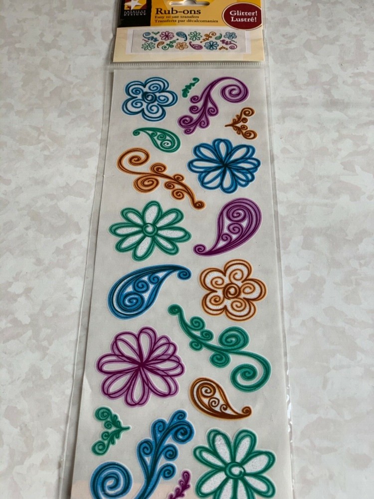 AMERICAN TRADITIONAL DESIGNS RUB-ONS GLITTER TRANSFERS W/GLITTER HIPPY FLOWERS