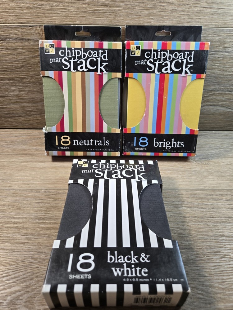 DCWV Chipboard Mat Stack 18 Sheets 4.5 X 6.5NEW Lot Of 3 Neutrals, B&W, Brights