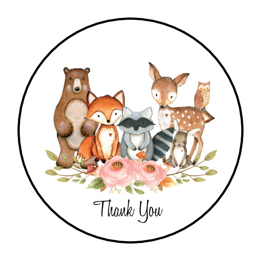 30 1.5″ WOODLAND ANIMAL GIRL THANK YOU BABY SHOWER FAVOR LABELS ROUND STICKERS