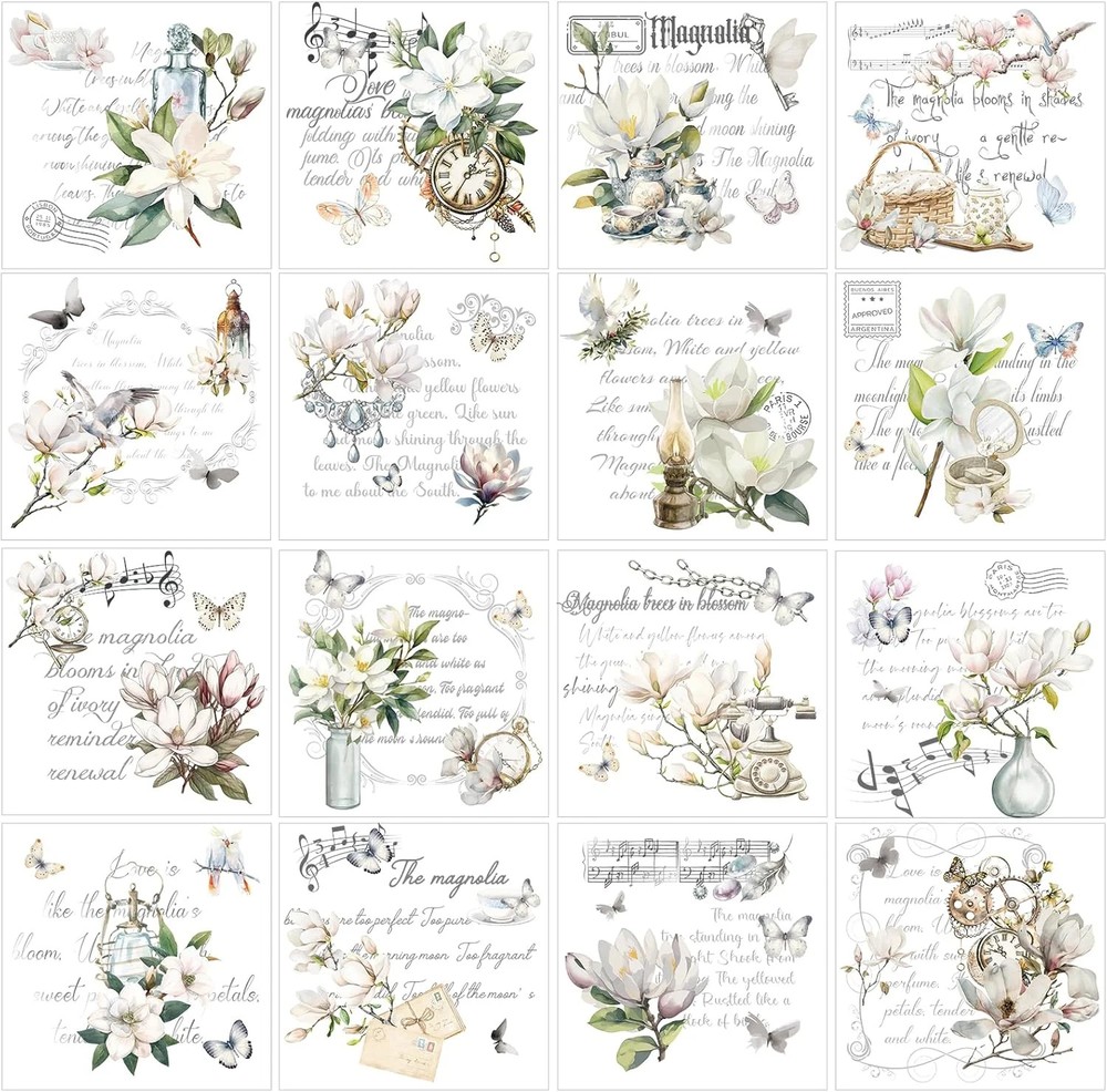 White Magnolia Rub on Transfers for Crafts – Wxiben 16 Sheets Vintage Floral Rub