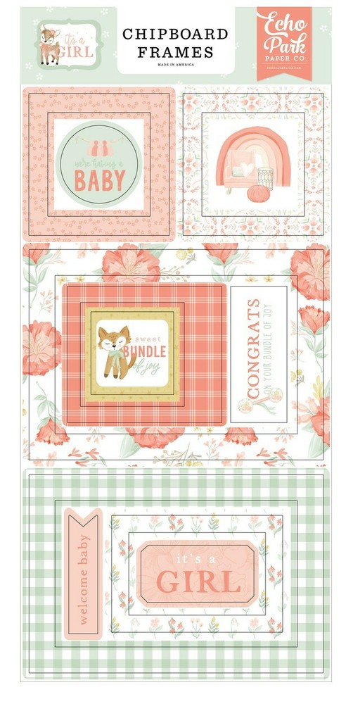 Echo Park Paper IT’S A GIRL Baby Shower 6×13 Sheet of Chipboard Frames