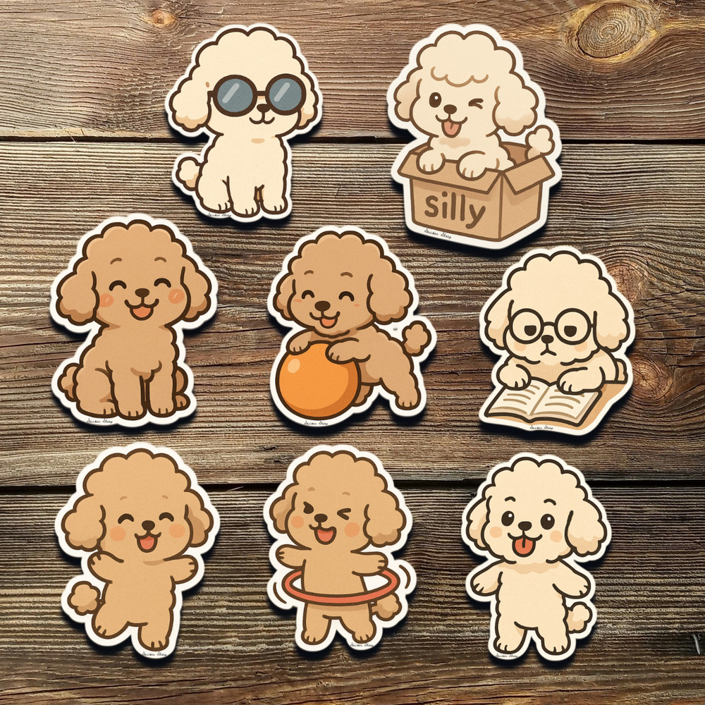 Poodle Dog Stickers – Cute Chibi Vinyl Set for Laptop, Water Bottle & Planner