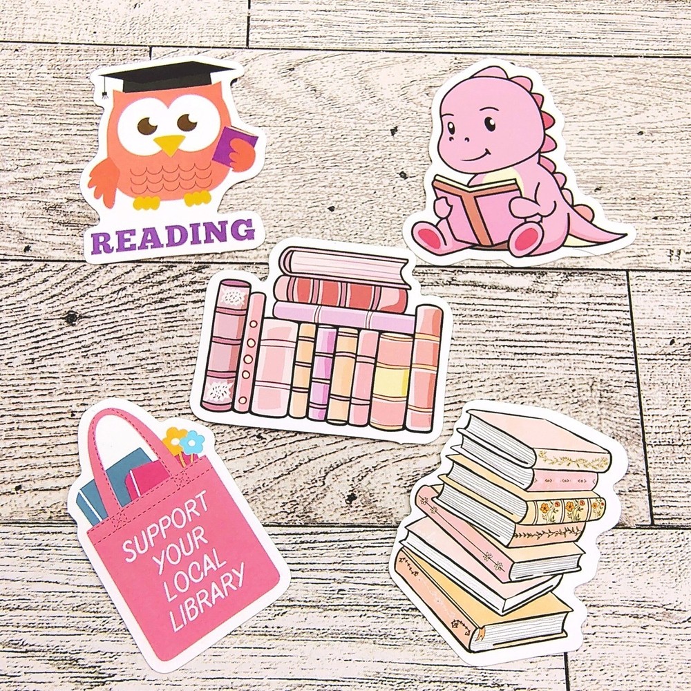 Reading & Library 5pc Sticker Bundle: Owl, Dinosaur, Book Stacks, Library Tote