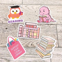 Reading & Library 5pc Sticker Bundle: Owl, Dinosaur, Book Stacks, Library Tote