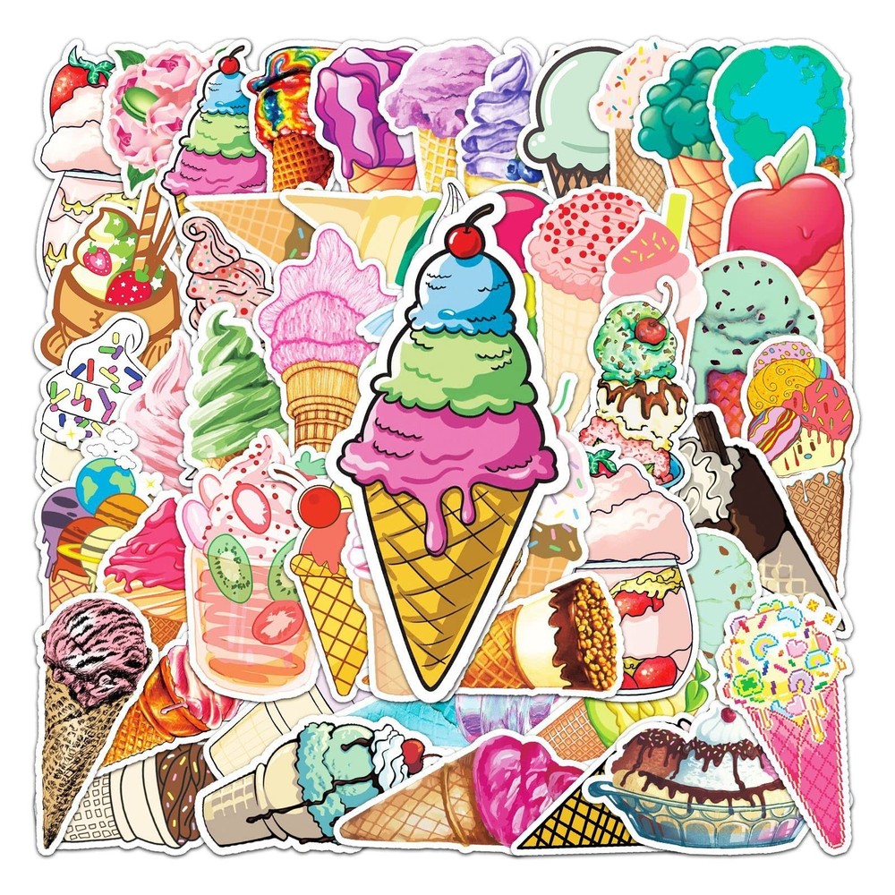 50 Pcs Sweet Ice Cream Stickers, 1.96-3.15inch Cool Cartoon Decorative Sticke…