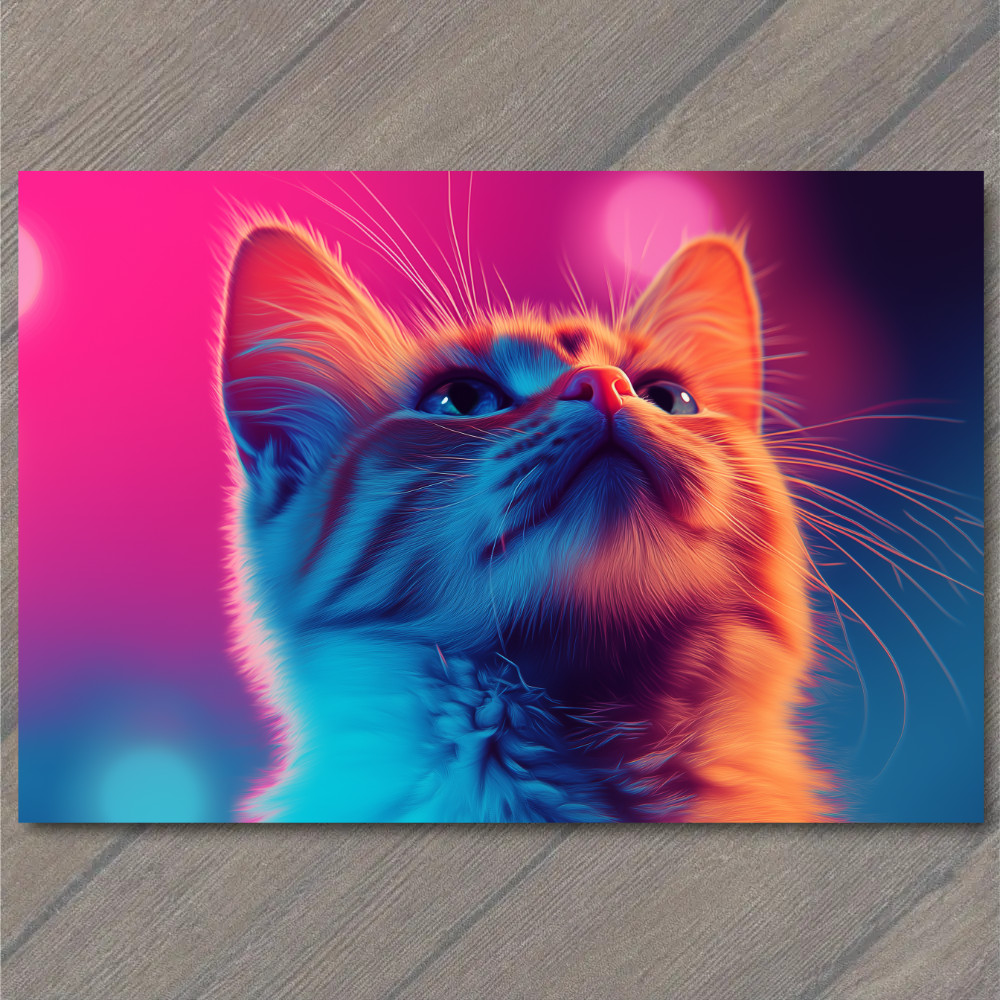 STICKER Neon Cat Looking Up Glowing Pink Blue Whiskers Bold Light Stripes Fur