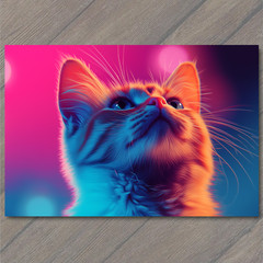 STICKER Neon Cat Looking Up Glowing Pink Blue Whiskers Bold Light Stripes Fur