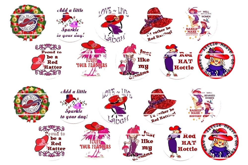 Bottle Cap Images (25mm) 1″ ~ Precut ~ Red Hat Society Inspired set 2