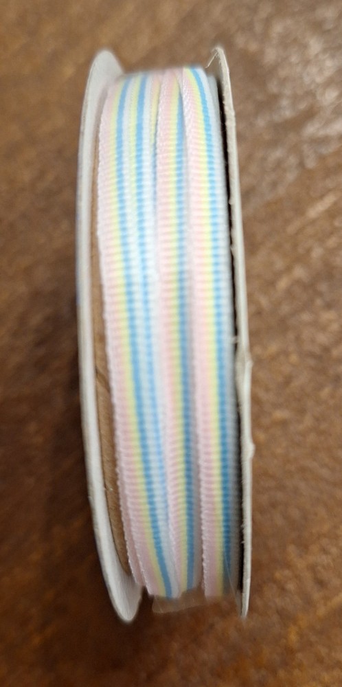 Offray Nice & Narrow-Pink, Blue, Yellow & White Stripe-1/8 inch by 15 feet