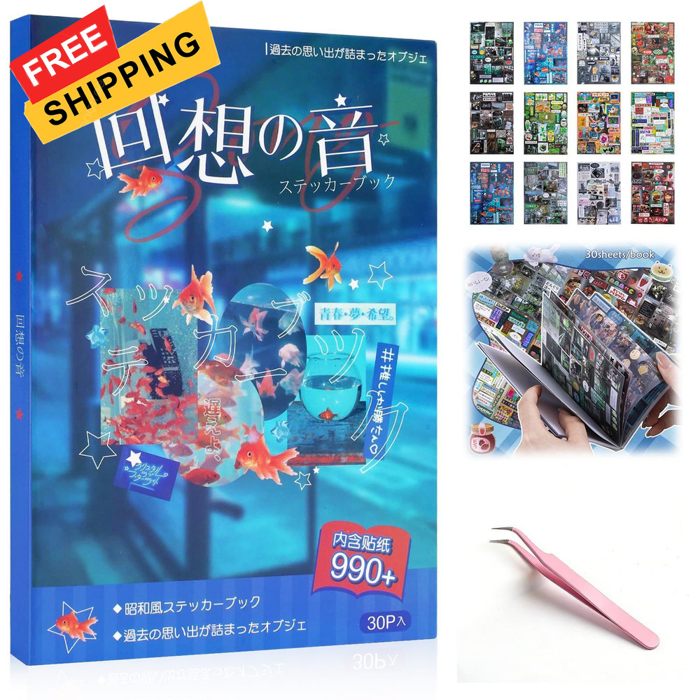Japanese Retro Sticker Book for Adults – 990 PCS Heisei Aesthetic Kawaii Blue