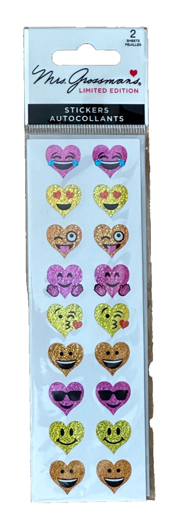 Ltd. Edition + Rare Mrs Grossman’s Sparkle Funny Face HEART EMOJIS ~2 Sheets~NIP