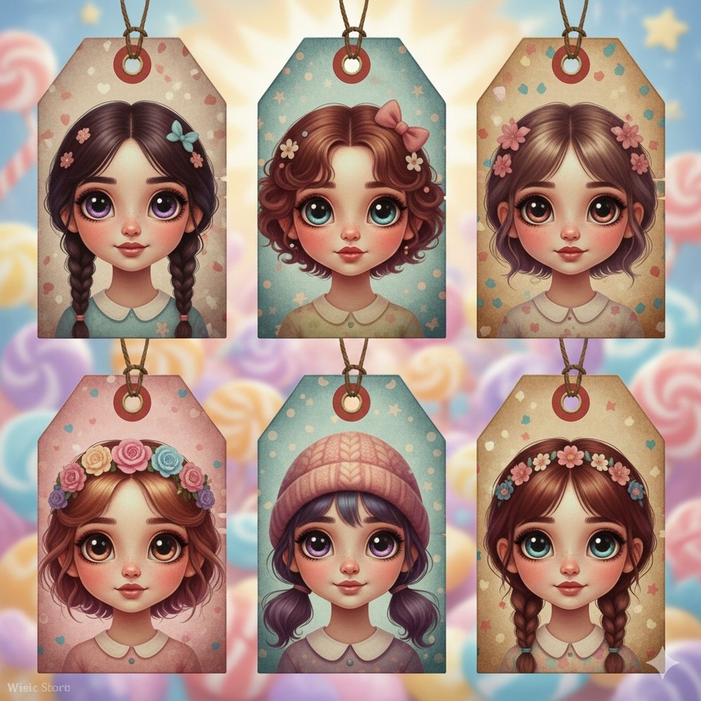 Set Cute Glossy Eyed Girls Children Tags Junk Journal Scrapbook