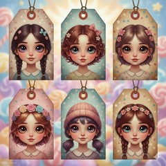 Set Cute Glossy Eyed Girls Children Tags Junk Journal Scrapbook