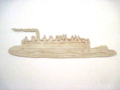 Interesting Vintage Die Cut of Steam Ferry w/ Passengers on Upper Deck *