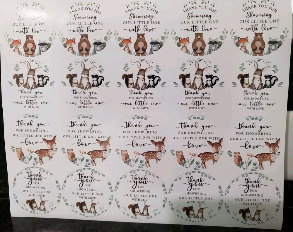 300 2″ Woodland Animal Thank You Baby Shower Favor Labels Round Stickers
