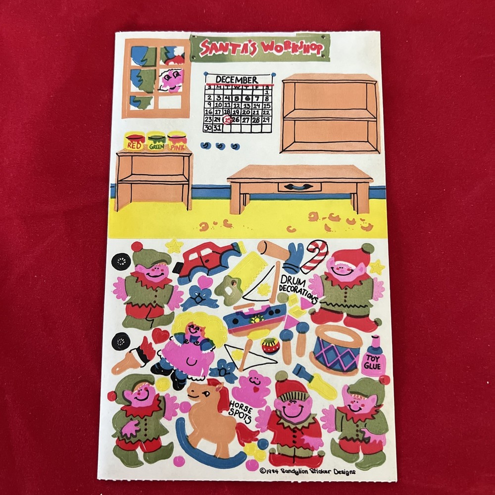Vintage RARE Maxi Activity Sheet Stickers Sandylion Santa’s Workshop Elves 1984