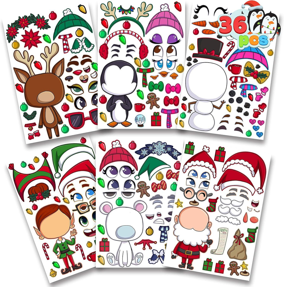 36 Pcs Christmas Make-A-Face Sticker Sheets Make Your Own Xmas Characters Mix an