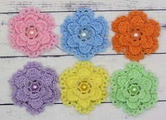 Crochet Flower Layered Lacy Pastel Mix Applique Embellishment Pink Blue 6 Pcs