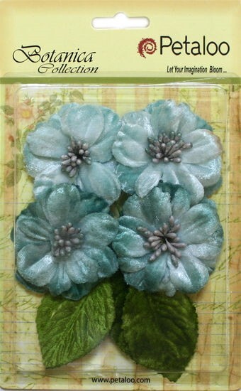 4 Vintage VELVET Peony TEAL BLUE 55-60mm + 3 Leaves VELVET – Botanica Pet L4f
