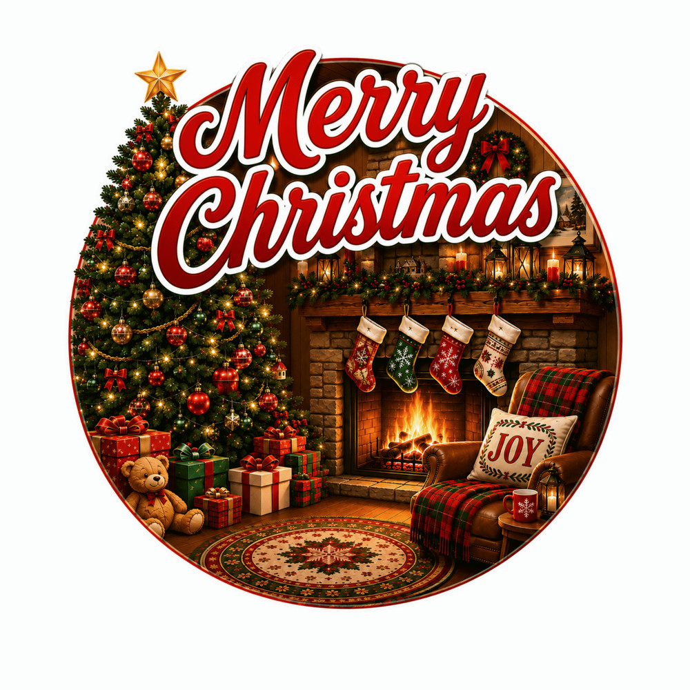 20 Round Merry Christmas Holiday Stickers Cozy Fireplace Christmas Tree Gift Lab