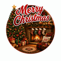 20 Round Merry Christmas Holiday Stickers Cozy Fireplace Christmas Tree Gift Lab