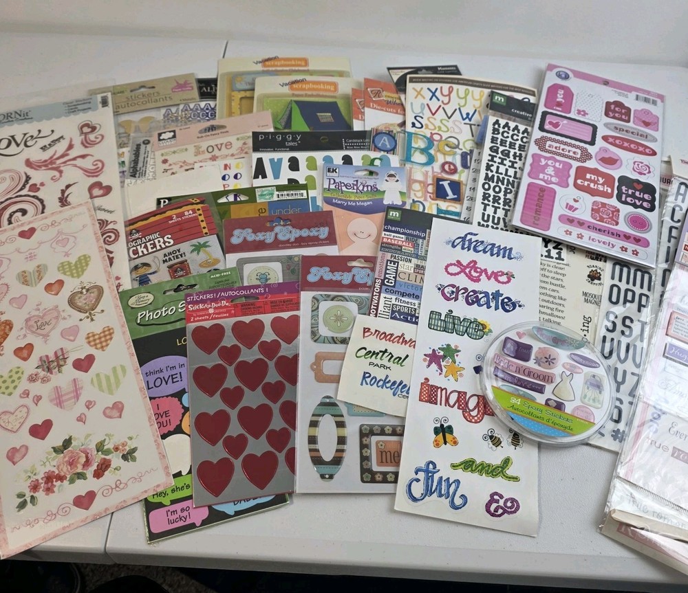 Lot Of Stickers Scrapbooking Rub-ons Hearts Letters Vacation Love Holiday 37pc