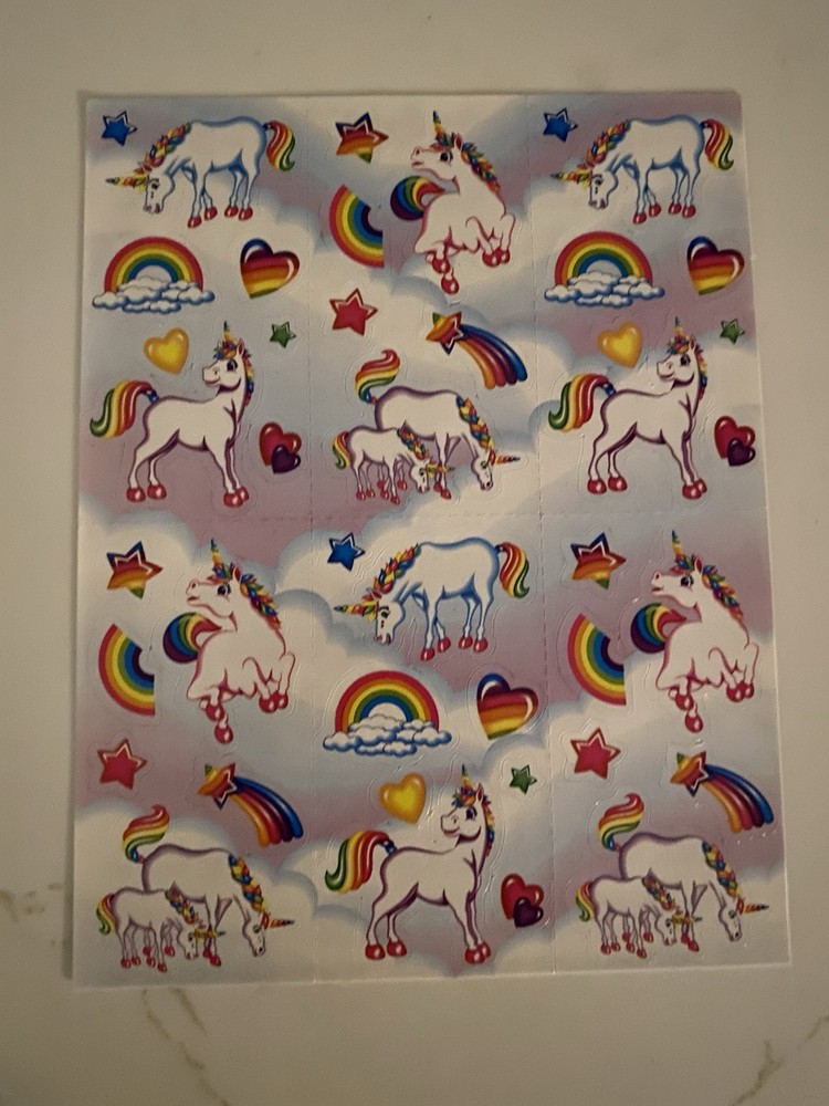 Lisa Frank Sticker Sheet~S252~Vintage~Unicorn with rainbow mane/tail~Hearts~Star