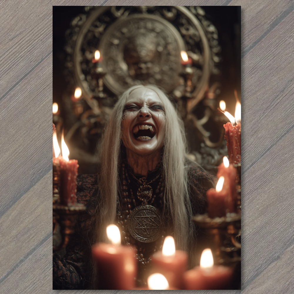 STICKER Gothic Witch Laughing Red Candles Pentagram Jewelry Horror Throne Flam
