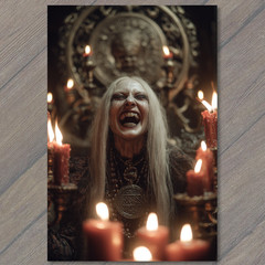 STICKER Gothic Witch Laughing Red Candles Pentagram Jewelry Horror Throne Flam