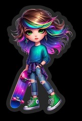 Rainbow Skater Girl Sticker | Cute Skateboard Girl Vinyl Sticker | Colourful