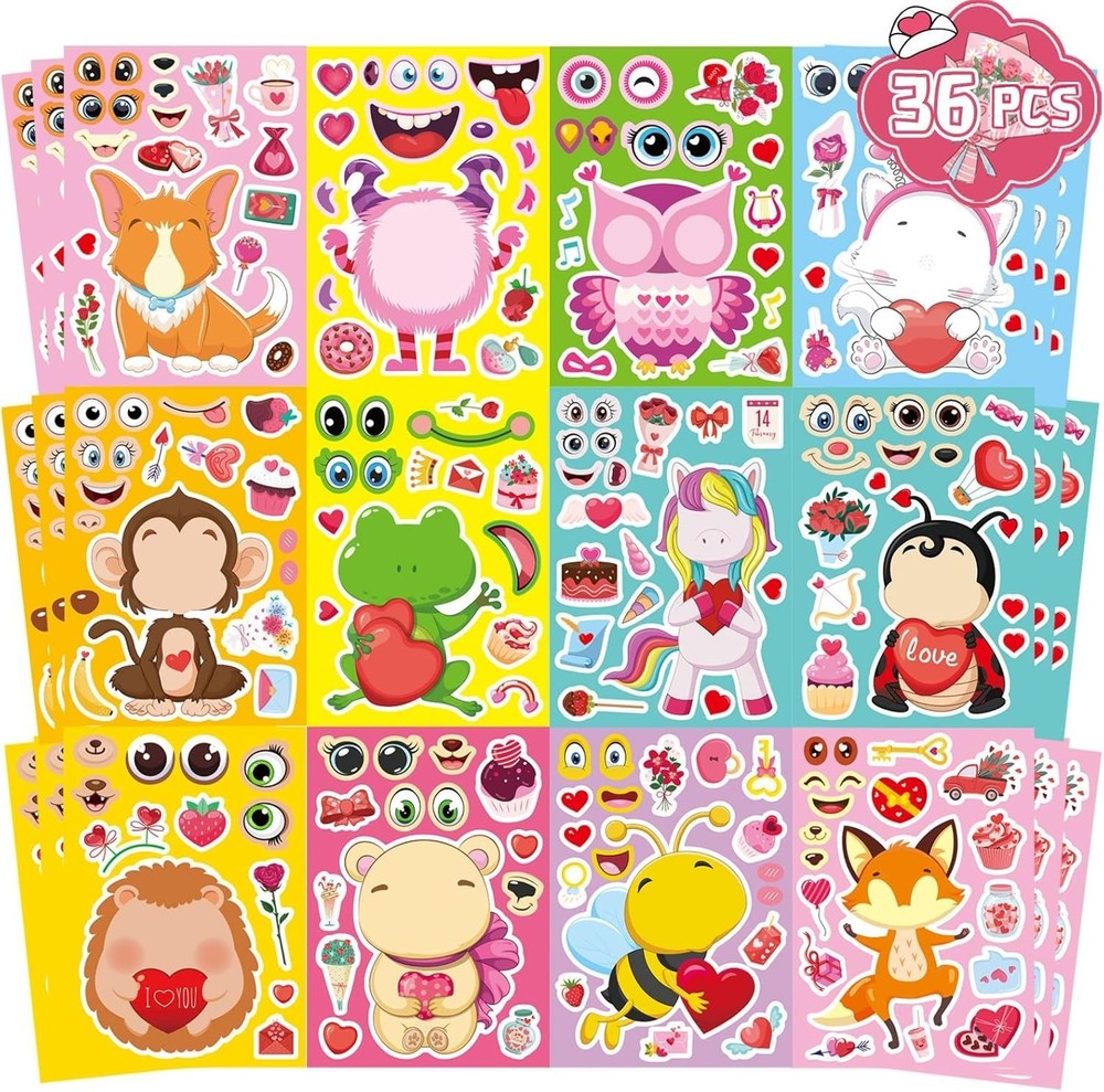 36 Waterproof Valentine Animal Stickers – Perfect for Kids’ Crafts and Parties