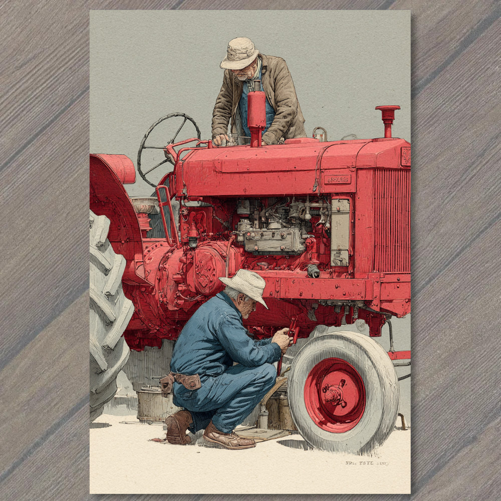 STICKER Farm Workers Repairing Red Tractor Rural Agriculture Machinery