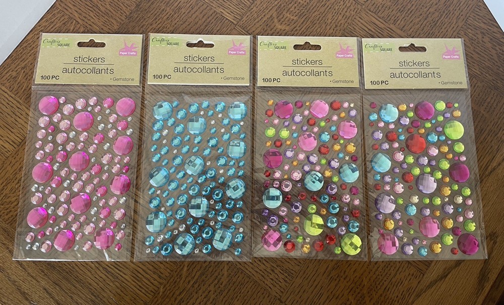 Lot Of 4 – 400 Pcs Rhinestones Stickers Crafters Square Assorted Colors & Sizes