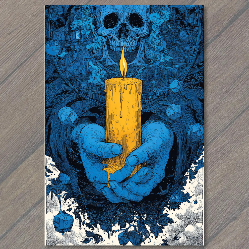 STICKER Skull Candle Hands Blue Yellow Gothic Dark Fantasy Symbolic Contrast