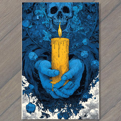 STICKER Skull Candle Hands Blue Yellow Gothic Dark Fantasy Symbolic Contrast