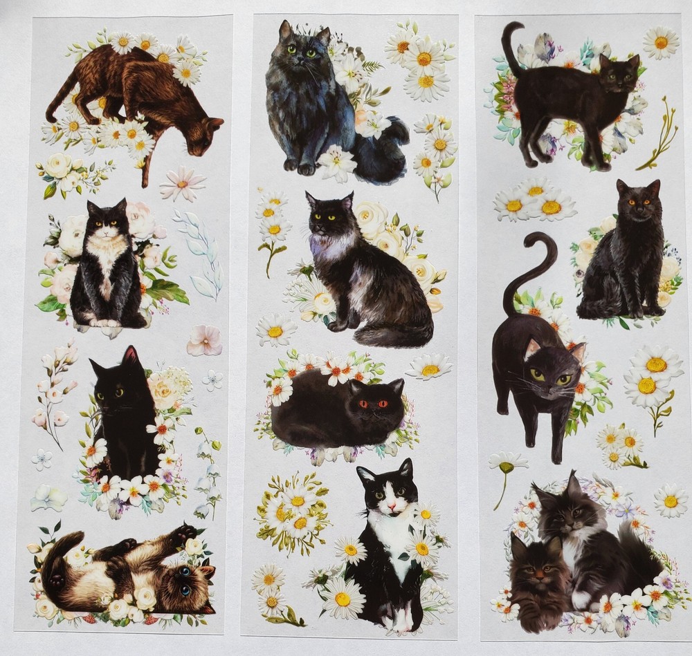Black Cats with white florals. 6 sheets – 3 designs – 2 of each. You cut to fit