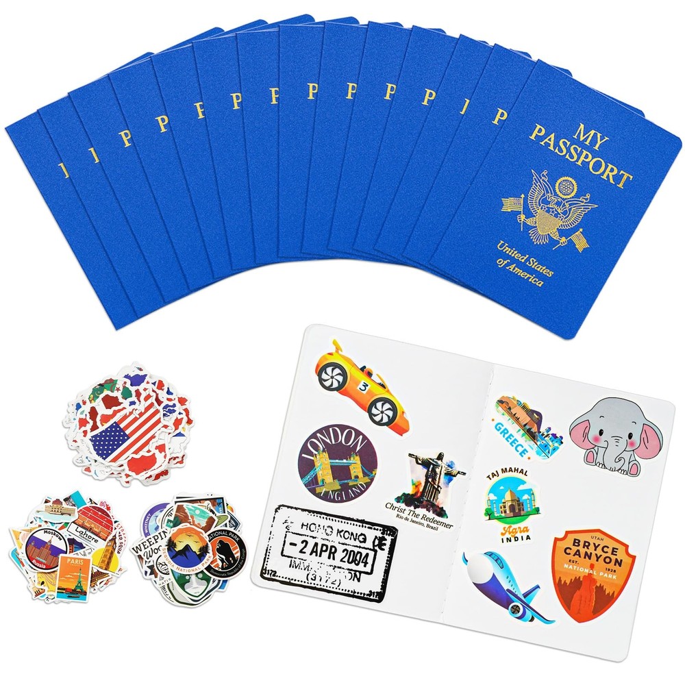 15 Pcs Fake Passport Book for Kids with 150 Non-Repeating Stickers (Including…