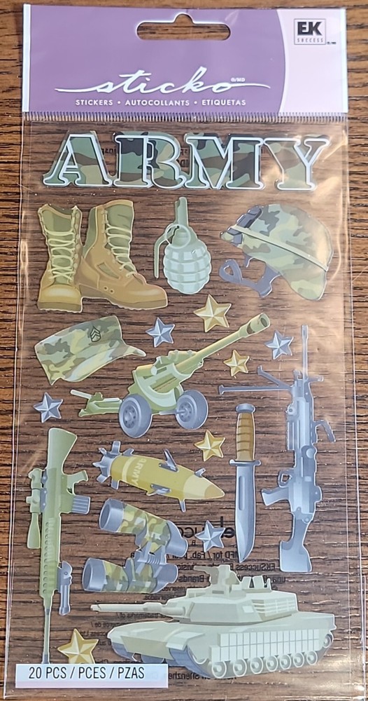 US Amy Military Uniform Boots Helmet Tank Gun Knife Star Tickets Stickers Crafts