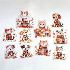 Cozy Fall Patchwork Dog Cat Stickers Junk Journals Collage Scrapbooking