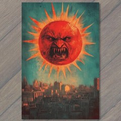 STICKER Angry Sun Over City Mean Star Hot Rays Buildings Sky Funny Unusual