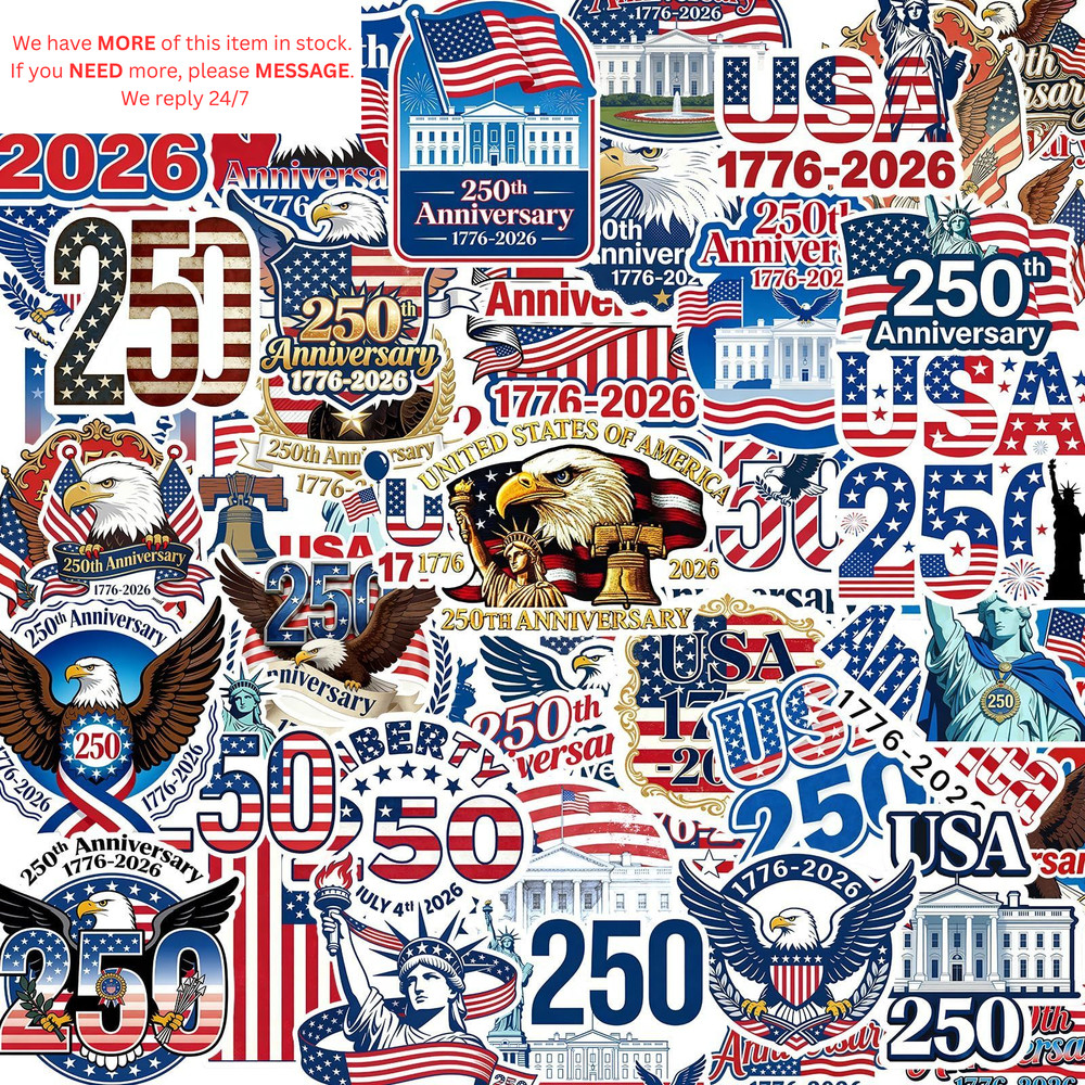 50Pcs 250th Anniversary Sticker USA 250 Years of Freedom White