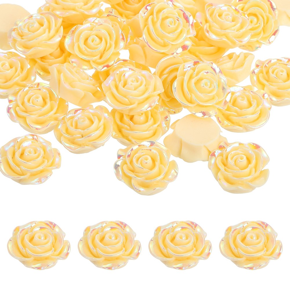 20mm Resin Rose Flatback Charm, 40Pcs Cabochon Embellishment, Shiny Light Yellow