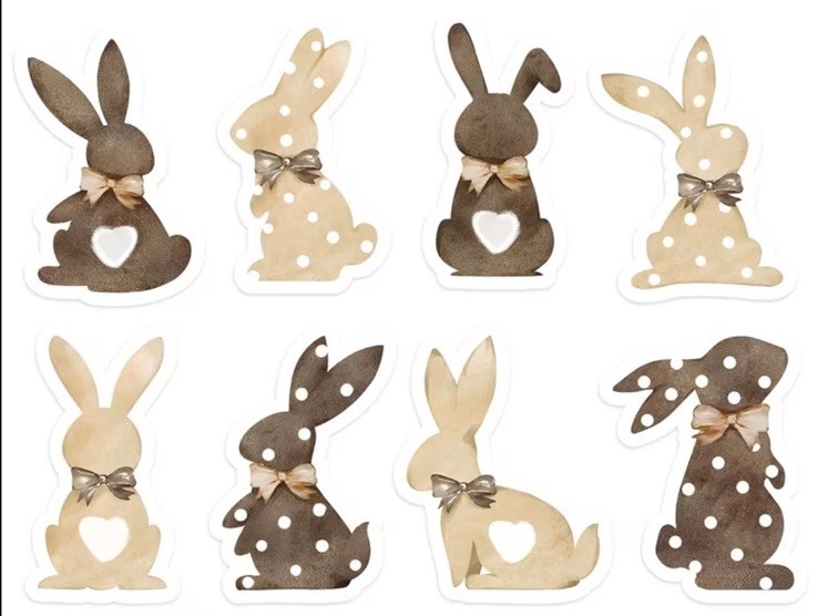 40 PCs ~1×1.2” Adorable Brown Easter Bunny Stickers Decorations 8 Designs