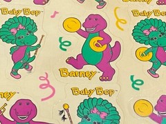Vintage Sticker Sheet Hallmark 1993 Barney Baby Bop Purple Dinosaur Band