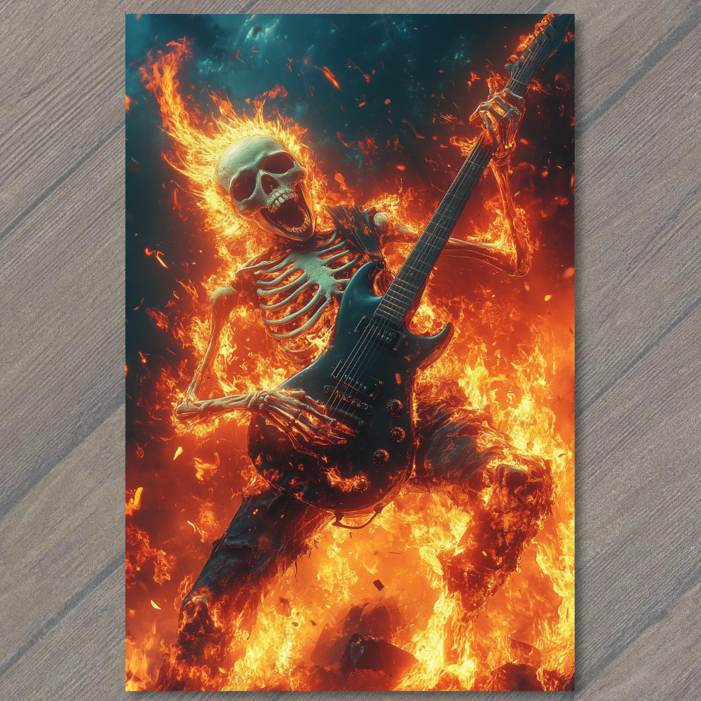 STICKER Flaming Skeleton Rock Guitar Fire Metal Band Fiery Stage Inferno Jam